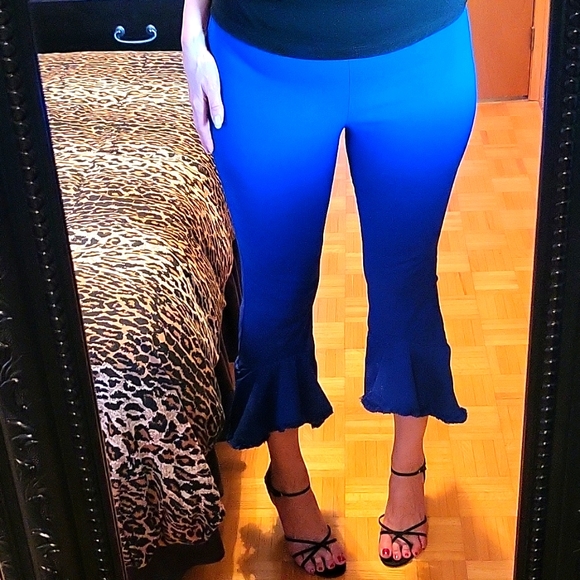 HOT Cobalt Blue Stretch Ruffle-Hem Crop Pants! 6 - Picture 5 of 15